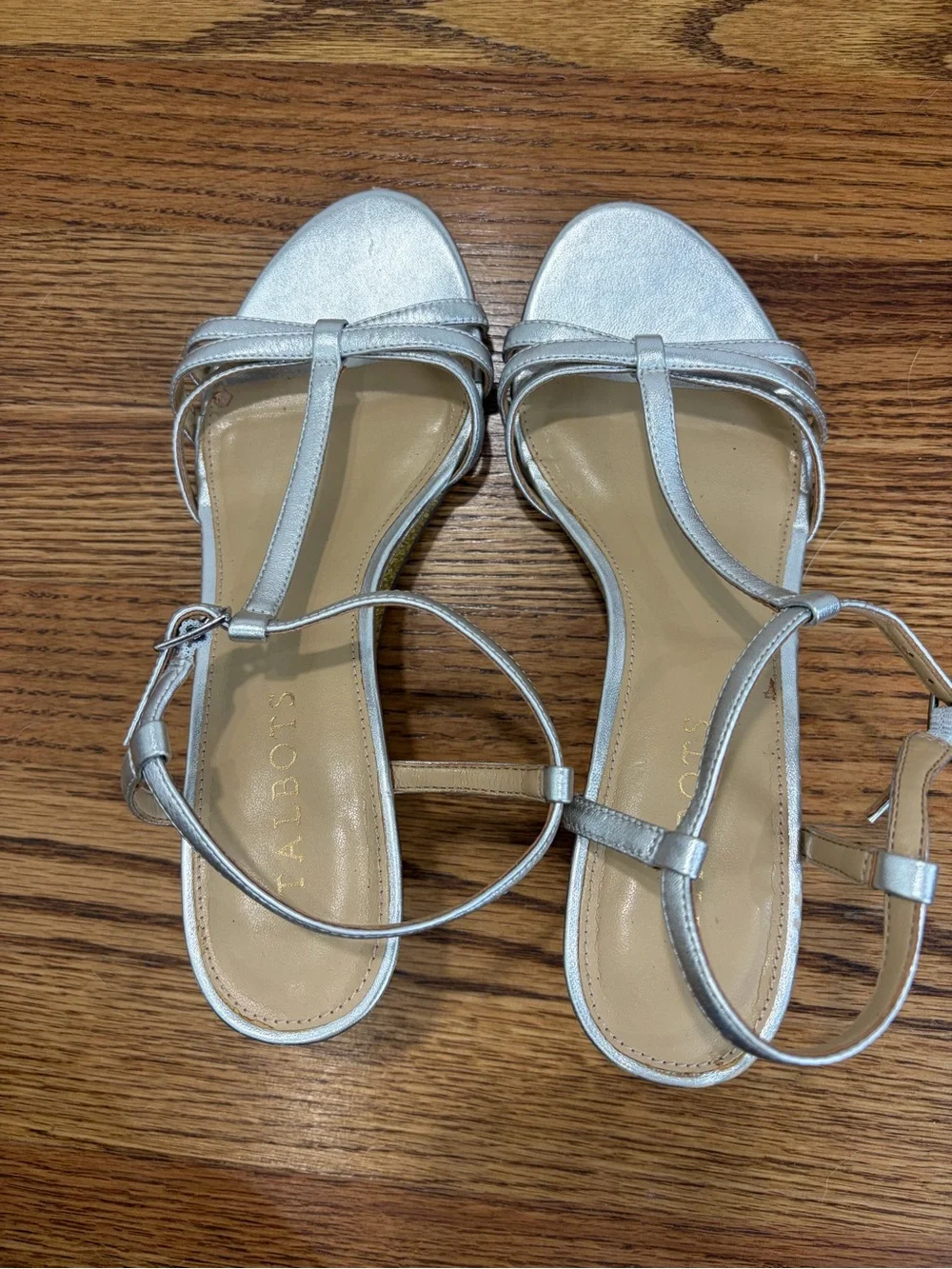 Talbots Royce T-Strap Woven Metallic Silver T-Strap Wedge Sandals (7)